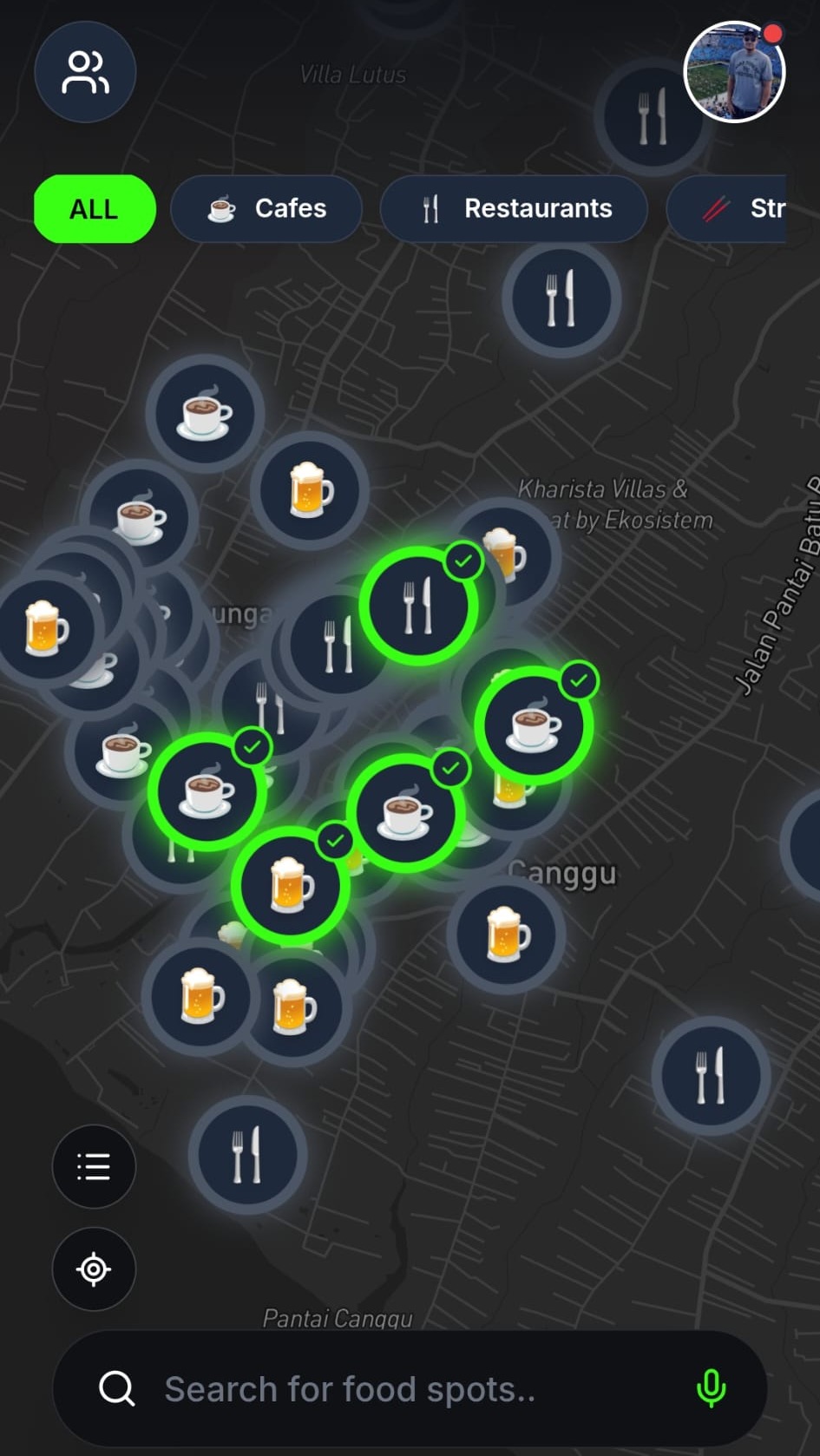 Map view showing safe spots in Canggu